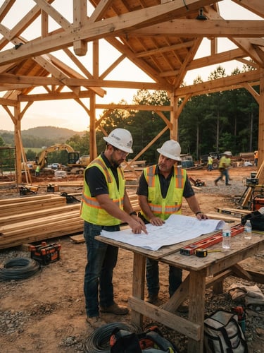 Wide environmental shot of an active construction site in Mississippi, workers in safety gear discussing blueprints over a timber frame under warm golden-hour sunlight