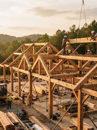 Wide environmental shot of an active construction site in Mississippi, warm golden-hour daylight casting long shadows on timber beams, 35mm lens.