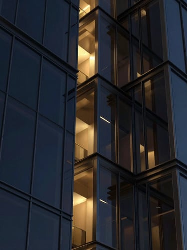 Premium 3D render of rising architectural glass structures reflecting deep navy and gold ambient lighting, sleek minimalist luxury aesthetic, cinematic composition.