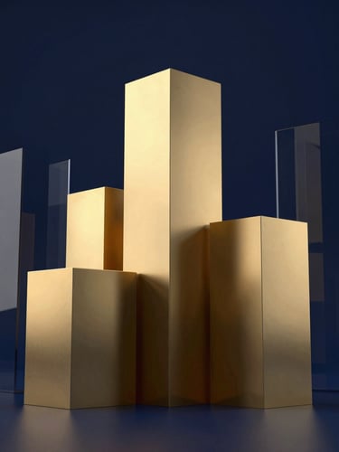 A premium 3D render of rising geometric gold pillars against a deep navy architectural background, dramatic low-key studio lighting, gold and deep blue ambient glows, cinematic.