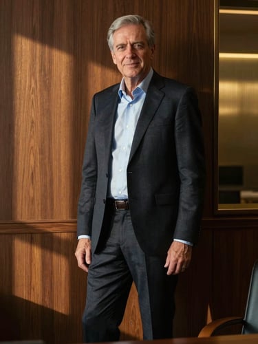 Highly polished, editorial portrait of a senior male CEO in a private office setting, low-sun twilight casting long shadows, dark wood and brushed brass background.
