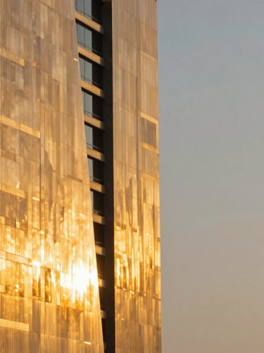 Dramatic architectural crop of Dubai waterfront high-rise at twilight, sharp angles, brushed brass cladding reflecting golden hour light, negative space on right.
