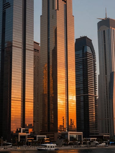 Wide-angle architectural abstract of a Dubai waterfront skyscraper at golden hour, sharp structural glass reflecting deep orange light, dramatic long shadows.