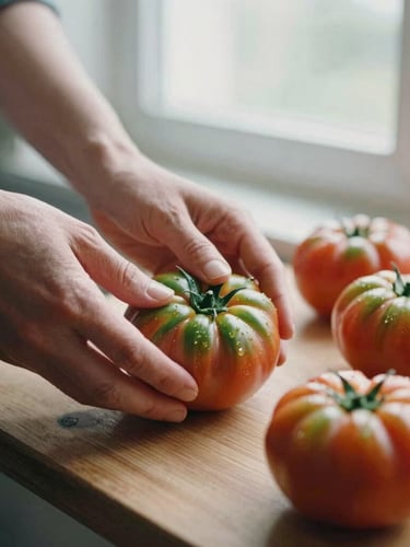 Close-up of hands placing fresh heirloom tomatoes on a wooden prep table, soft Scandinavian daylight through an overcast window, rich crimson and forest green tones, shallow depth of field, 35mm film.