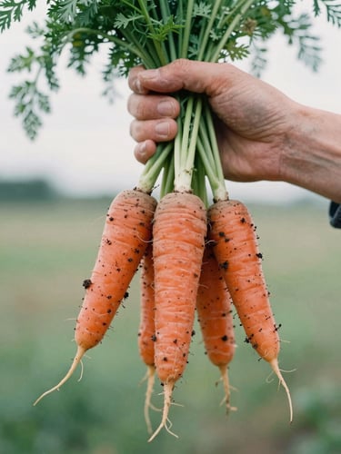 Close-up of weathered hands holding a bunch of freshly harvested heirloom carrots with soil still clinging to the roots, soft morning overcast light, 35mm film style.