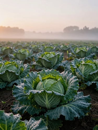Wide environmental shot of a misty organic vegetable field at sunrise, dew on cabbage leaves, low horizon, soft Scandinavian daylight.