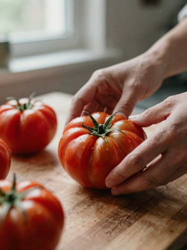 Close-up macro shot of hands preparing fresh heirloom tomatoes on a wooden prep table, soft natural window light, rustic kitchen setting, rich crimson tones, shallow depth of field