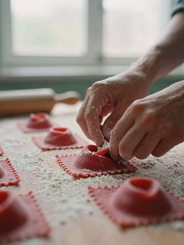 Close-up macro shot of hands dusting flour over handmade pasta on a rustic wooden prep table, soft overcast window light, rich crimson tones, shallow depth of field, 35mm film.