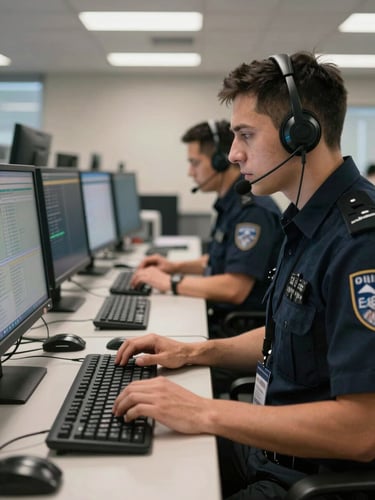 Medium shot of two agents at adjacent workstations, both wearing headsets, hands on keyboards, monitors displaying call data dashboards, overhead office lighting, authentic operations floor background slightly out of focus