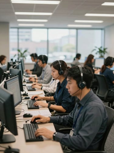 Wide shot of a busy call center operations floor in natural daylight, multiple agents wearing headsets focused on monitors, keyboards visible, authentic overhead office lighting, medium environmental framing, no posed expressions