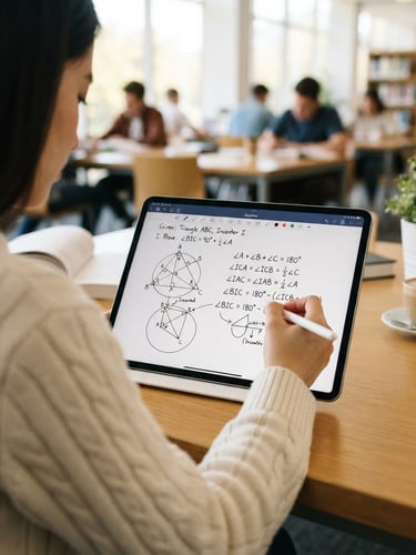 Over-the-shoulder shot of a modern tablet displaying neatly drawn geometric proofs and equations, warm natural daylight, crisp focus, professional educational setting.
