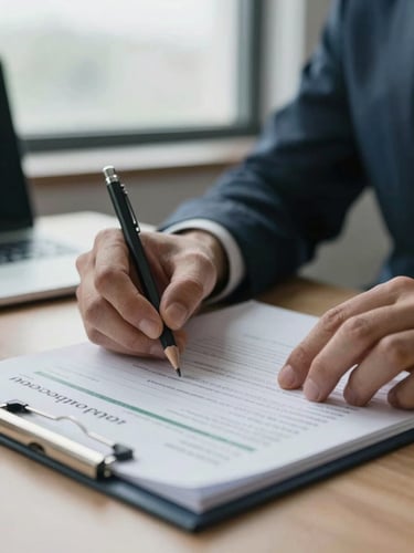 Close-up of hands at a desk reviewing a printed ESG compliance report with handwritten margin notes, a mechanical pencil resting on the page, overcast north-facing window light, cool tones, shallow depth of field, documentary still