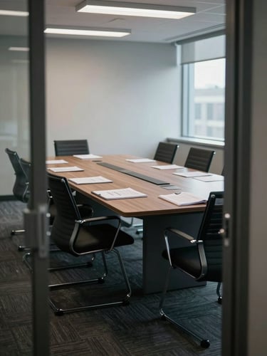 Wide shot of a modern corporate meeting room from the doorway, overcast north-facing daylight falling across an empty conference table with open compliance binders and printed spreadsheets, chairs slightly pulled out, no people, cool ambient light, documentary framing