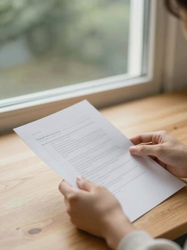 Hands reviewing a clean paper report on a warm wooden desk, soft natural window light, muted forest green and cream tones, shallow depth of field