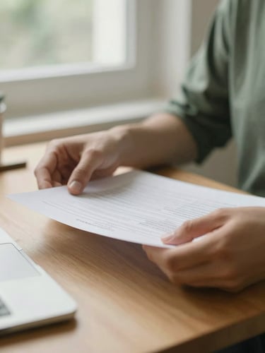 Close-up of hands reviewing a clean paper report on a wooden desk, soft natural window light, muted forest green accents, shallow depth of field.