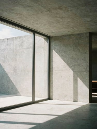 Portrait-oriented architectural film photography of a minimalist modernist concrete living space, sharp natural daylight casting geometric shadows, floor-to-ceiling windows, 35mm lens, editorial style
