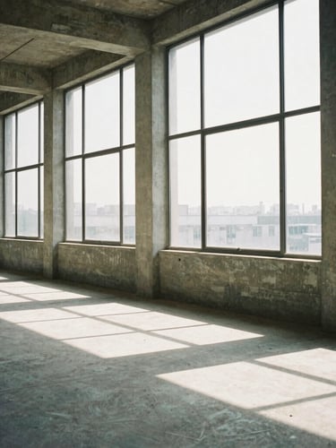 Wide-angle architectural film photography of an empty sunlit loft with concrete pillars, towering steel-framed windows, sharp high-contrast shadows, desaturated neutral tones.