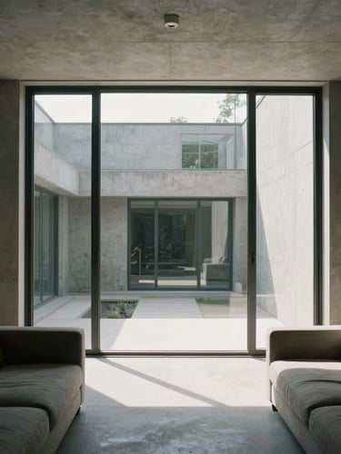 Interior view of a concrete residential living room looking out to a private central courtyard, tall glass walls, sharp high-contrast daylight, minimalist architectural film style.