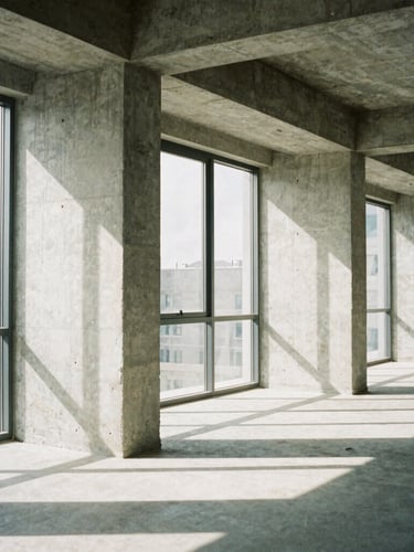 Architectural film photography of an empty modernist loft, raw concrete pillars, high-contrast natural daylight casting sharp geometric shadows from steel-framed windows, 35mm lens, desaturated neutral tones.