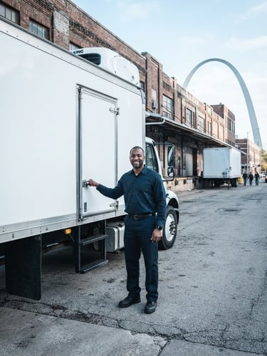 A professional driver in a clean uniform standing beside a clean white 26ft refrigerated box truck, bright morning daylight, St. Louis industrial background, 35mm lens