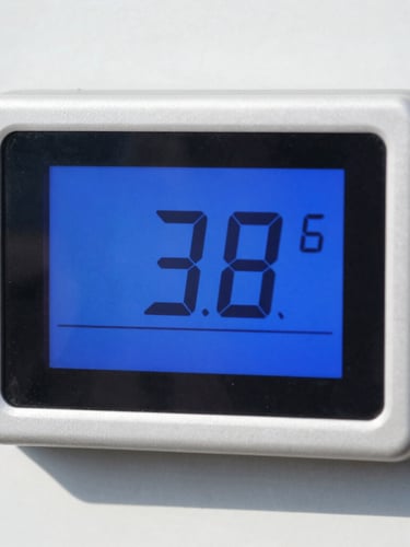 A close-up macro shot of a digital temperature control telemetry screen inside a refrigerated truck, showing a bright blue display reading exactly 38 degrees, sharp contrast