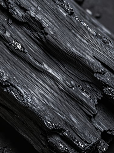 Extreme close-up portrait of premium hardwood charcoal surface texture, controlled daylight from a high side angle revealing deep grain structure and material density, no flames, no hands, charcoal fills entire frame edge to edge, dark tones with subtle surface sheen