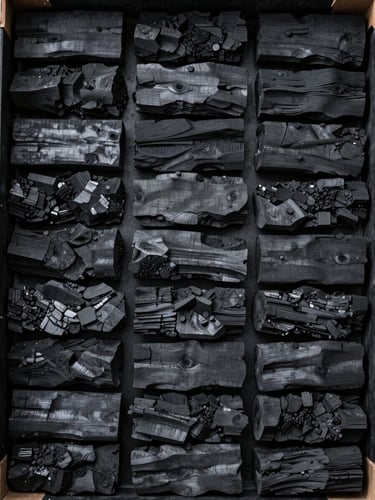 Overhead flat-lay of organized hardwood charcoal pieces arranged in a regulated export carton, controlled daylight illumination, matte black surface, tight framing showing uniform grain size and consistent density, no people no flames