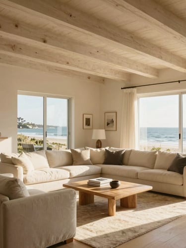 A wide, sun-drenched coastal living room in the Hamptons, warm plaster walls, brushed white oak beams overhead, soft afternoon light streaming through high windows, minimalist furniture.