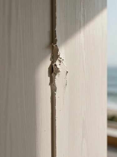 A macro photograph of raw, hand-applied plaster texture meeting a soft-grained white oak panel, illuminated by warm, diffused coastal light.