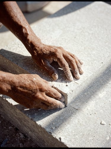 Hands of an Indian stone carver working on a block of basalt, high-contrast sunlight casting deep shadows, showing raw textures, 35mm film.