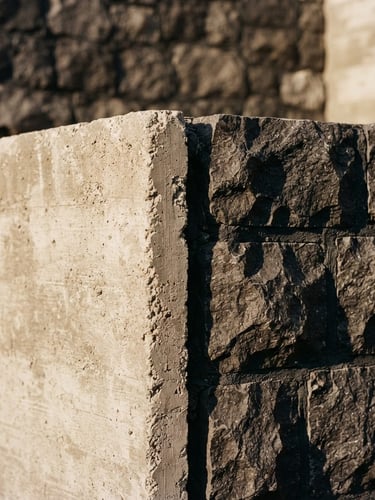 Warm architectural photography, high-contrast sunlight casting deep shadows on a junction of raw concrete and hand-carved basalt stone, minimalist composition, 35mm film.