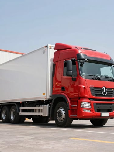 Low-angle heroic shot of a modern red and white cargo truck parked at a bright Peruvian loading dock under crisp daylight, professional commercial photography, 35mm
