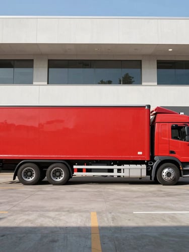Side profile of a clean red delivery truck parked at a modern concrete loading dock, bright natural daylight, high-contrast crisp colors