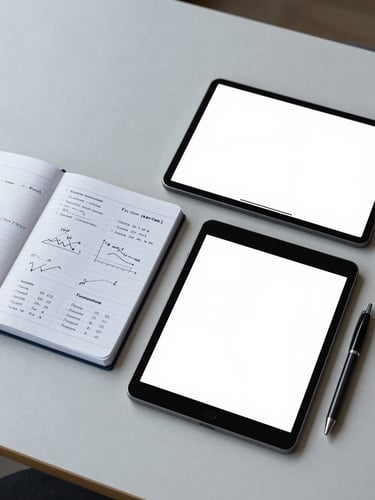 Overhead flat-lay of structured learning materials, including a notebook with financial concepts, a tablet displaying a clean chart (no flashy lines), and a pen on a modern office desk, soft natural daylight, muted corporate blues and greys, clean composition.