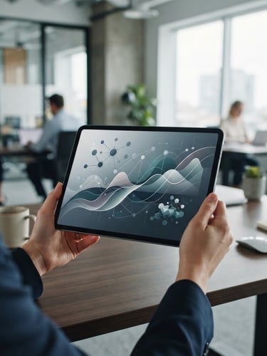 Modern corporate office environment, a tablet displaying a clean, abstract financial chart without trading lines, soft natural daylight, muted corporate blues and greys.