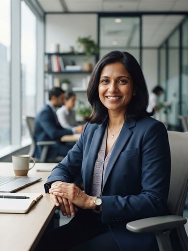 Professional portrait of Vijayaluxmi Sachchithananthalinga in a modern, well-lit office environment, smiling confidently, muted corporate blues and greys, soft natural daylight, 35mm lens, subject slightly off-center to the right.