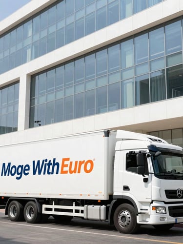 Bright natural daylight wide shot of a professional Move With Euro transport truck parked outside a modern office building in Dubai, clean architectural framing, high-key lighting.