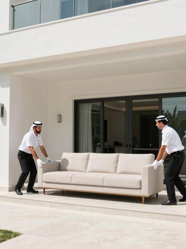 Bright natural daylight, professional architectural framing of a pristine modern Dubai villa interior, white-glove movers placing a protected luxury sofa, clean corporate tones.