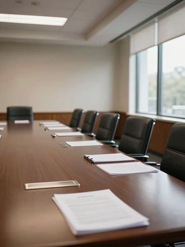Panoramic view of an empty formal meeting room in a law office, long table with documents spread open, north-facing daylight from windows to the right, chairs unoccupied, atmosphere of institutional stillness