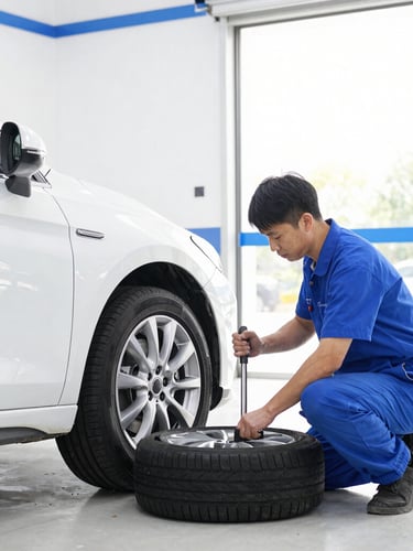A clean, modern automotive service bay with a professional technician torque-testing a new tire, bright high-key daylight, 35mm.