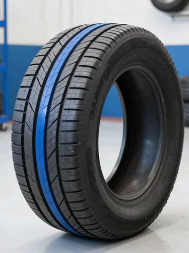 Sharp medium-close shot of a clean, high-performance tire tread in an organized garage bay, electric blue accents, crisp daylight, 35mm