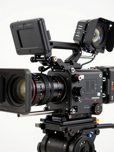 Extreme close-up of a high-end cinema camera rig on a stark white background, harsh studio flash lighting, asymmetrical editorial crop, raw mechanical details visible