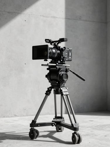 Low-angle shot of a high-end cinema camera rig on a minimalist concrete set, harsh direct sunlight, stark black shadows, ultra-clean composition.