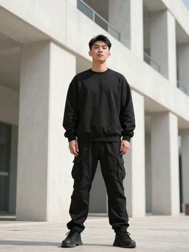 Low-angle heroic portrait of a creative director wearing minimalist black streetwear, standing against stark white urban concrete architecture, bright direct sunlight.