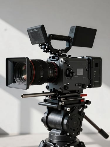 Extreme close-up of a high-end cinema camera rig on a minimalist studio set, harsh direct sunlight casting sharp shadows on white concrete, raw and industrial.