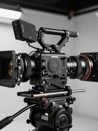 Extreme close-up of a high-end cinema camera rig on a minimalist production set, harsh studio flash lighting, sharp shadows, monochromatic aesthetic