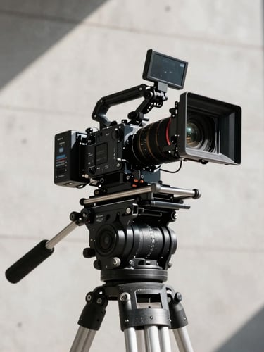 Low-angle heroic shot of a high-end cinema camera rig on an urban concrete background, high-contrast direct sunlight, sharp shadows.