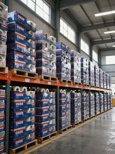 Wide environmental shot inside a large industrial warehouse, shelves stacked floor-to-ceiling with blue-and-red branded OKER cartons of sealing tape rolls, natural daylight streaming from high clerestory windows, rows receding deep into the frame showing scale and inventory volume, concrete floor, no people