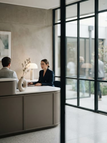 Soft diffused natural daylight reflecting through clean architectural glass panels in a high-end medical clinic reception, warm-gray tones, shallow depth of field, 35mm lens