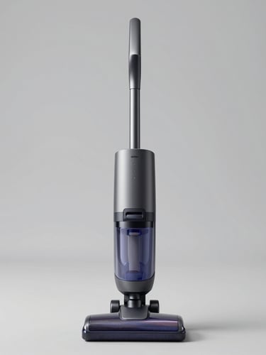 Straight-on clean studio shot of a minimalist matte charcoal vacuum cleaner on a seamless warm-gray background, crisp diffused lighting, sharp focus